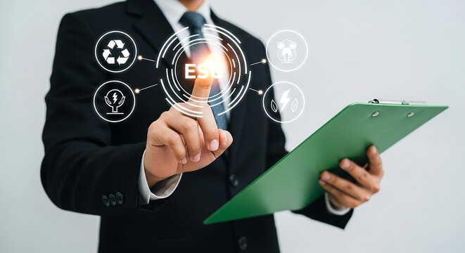 Businessman using holographic interface with network icons for communication and digital strategy