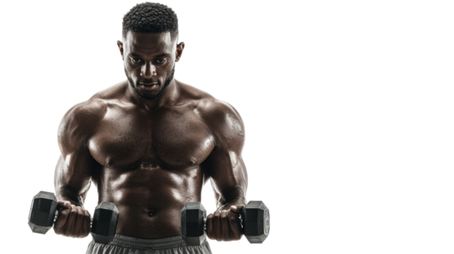 Muscular man lifting dumbbells in an intense workout session. - Powered by Adobe