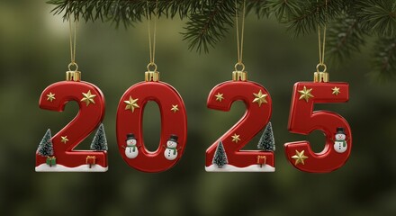 Festive 2025 holiday ornaments with a red finish and small Christmas-themed figurines underneath hanging from a pine tree.