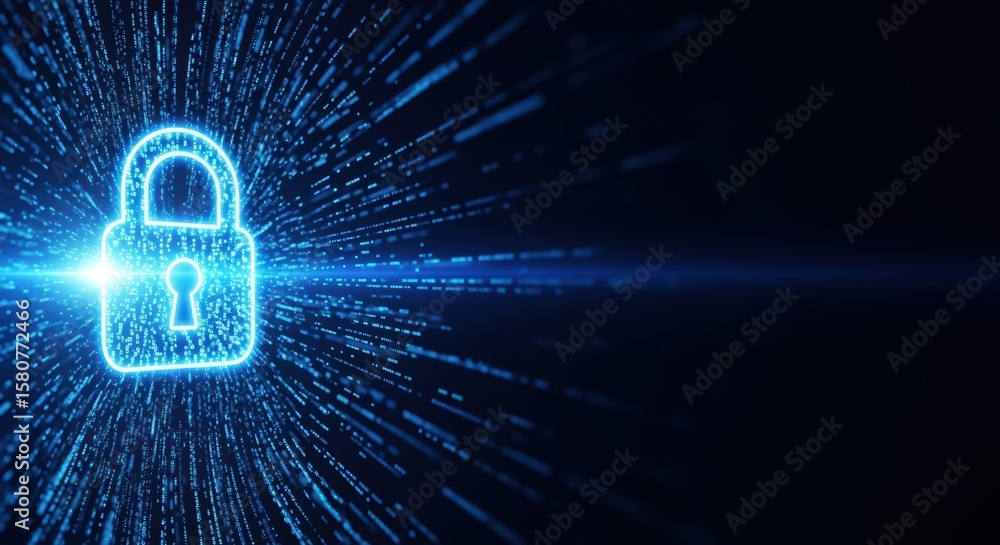 Poster a glowing digital padlock symbolizes cybersecurity and data protection against a dark, tech-inspired
