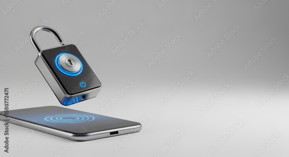 Poster a digital padlock hovers above a smartphone displaying a glowing wireless signal, symbolizing mobile