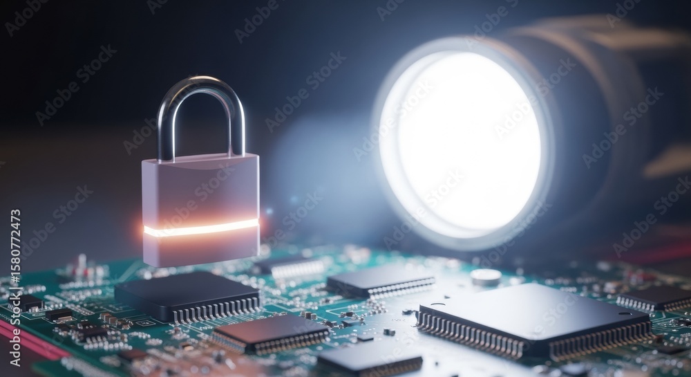Aufkleber a digital padlock hovers above a circuit board, symbolizing cybersecurity and data protection with a