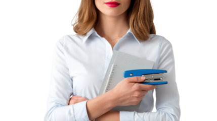 Professional woman holding a stapler and notebook, confident posture, white isolate background.