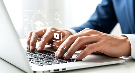 Hands typing on laptop with holographic media and business icons representing digital workspace