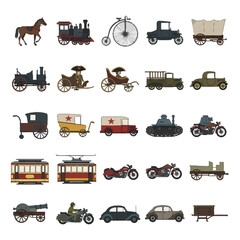 Collection of various vintage vehicles, including cars, trains, and carriages, displayed in a grid arrangement.