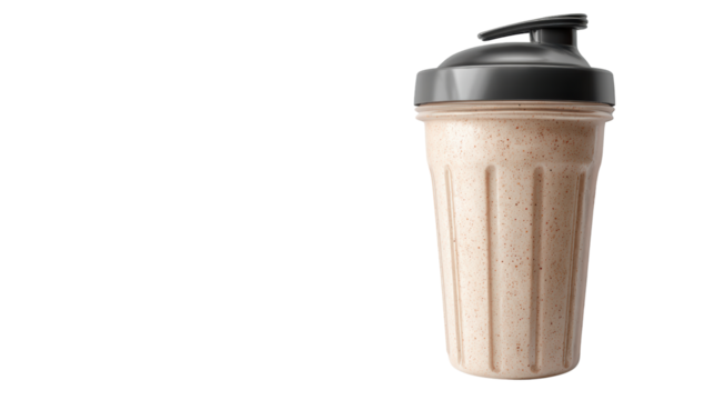 Protein shake in a shaker cup, isolated on a white background.