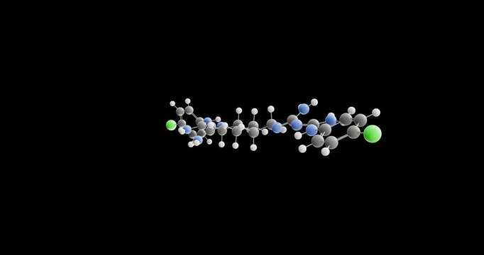 Chlorhexidine molecule, rotating 3D model of disinfectant, looped video on a black background

