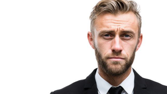 Serious man in suit, isolated on white background.