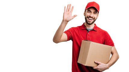 Smiling delivery man in red uniform waving while holding a cardboard box on a white isolate background.