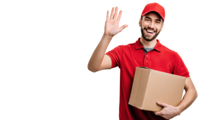 Smiling delivery man in red uniform waving while holding a cardboard box on a white isolate background.