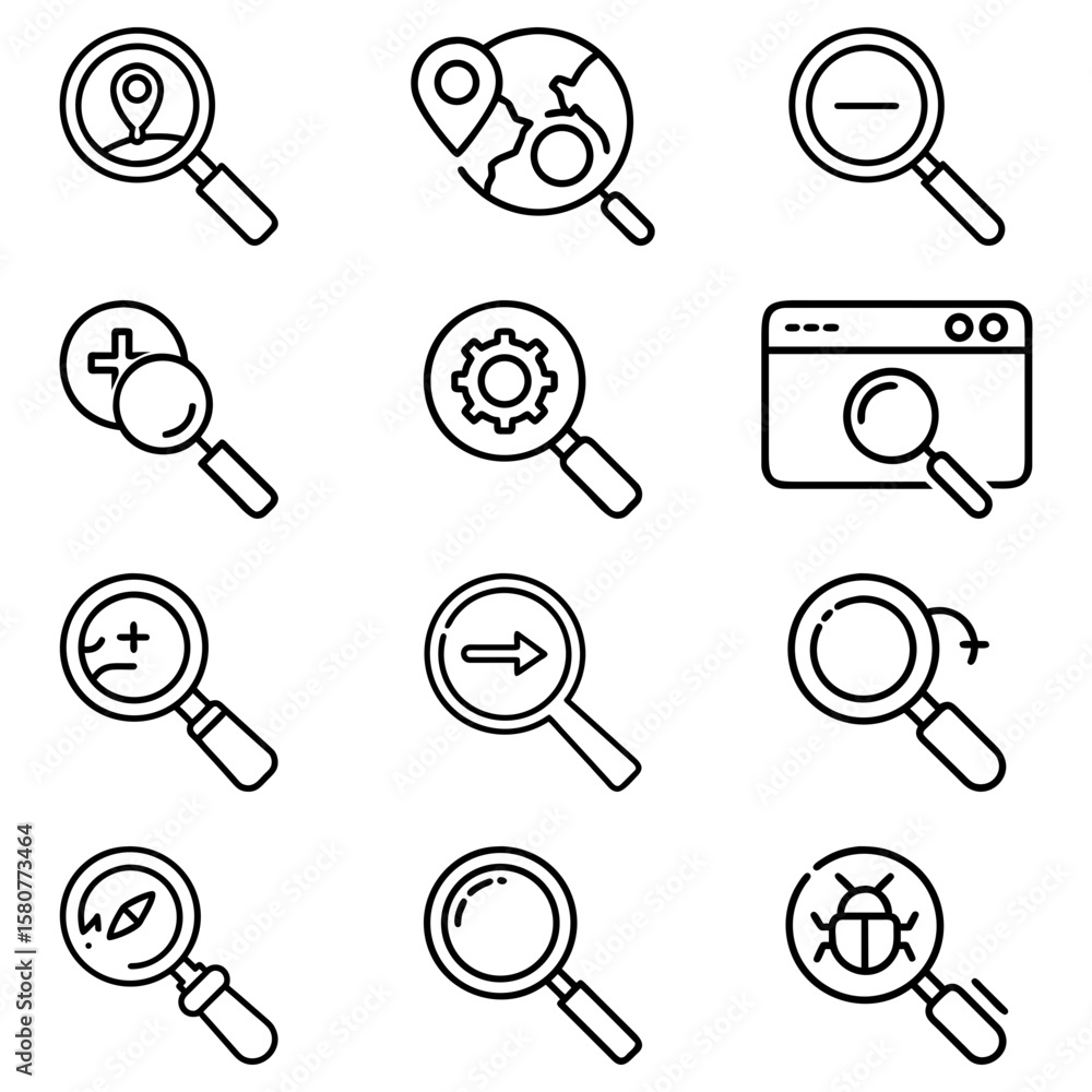Poster collection of magnifying glass icons showing various search and exploration symbols in a vector form
