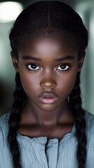 Portrait of a serious dark-skinned young girl with braided hair looking directly at the camera.