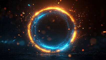 Abstract glowing circle with blue and orange light against dark background