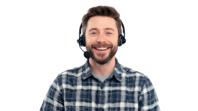 Smiling man in headset on isolated background, representing customer support and communication.