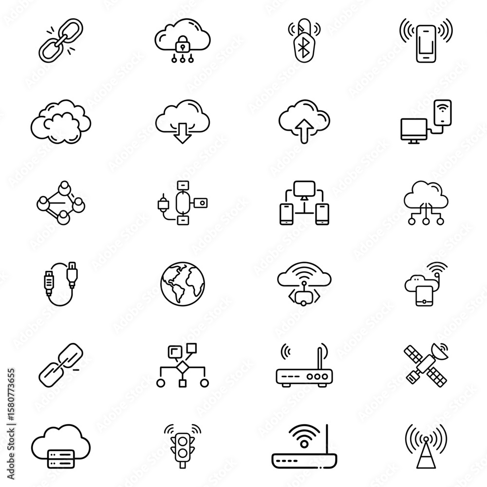 Poster illustration of networking and connectivity icons including cloud bluetooth router and satellite sym