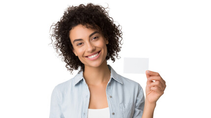 Smiling woman holding blank card, light blue shirt, white isolate background.