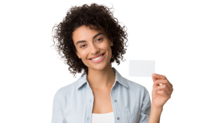 Smiling woman holding blank card, light blue shirt, white isolate background.