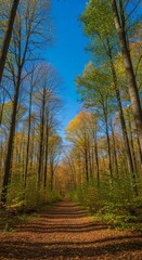 Fototapeta premium Forest Path Lined with Tall Trees and Autumn Foliage Under Bright Blue Sky