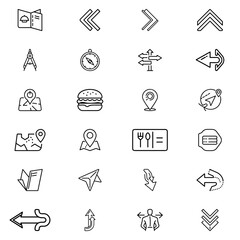 Fototapeta premium Illustration collection of various navigation, food, and direction icons in a simple outline style design