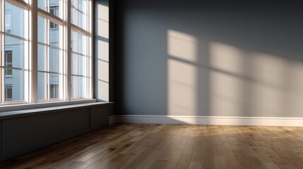 Sunlight streams into a room with hardwood floors a large window and gray walls
