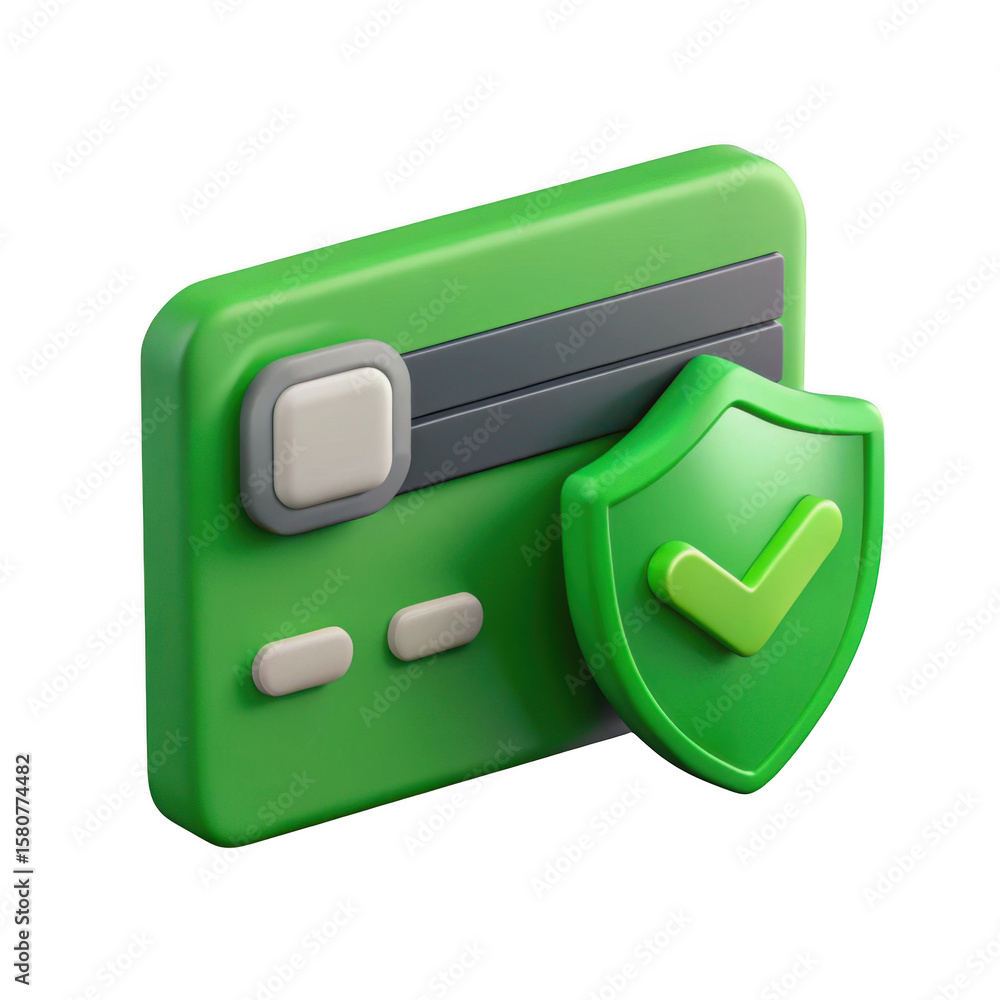 Poster green credit card with a shield and checkmark symbolizing secure payment and financial protection is