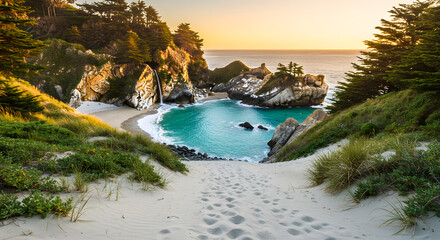 footprints in soft white sand leading through grassy patches near pine trees, distant view of clear turquoise ocean and waterfall