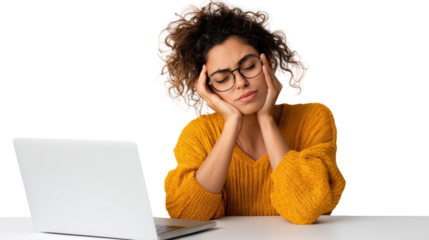 Stressed woman looking at laptop, hands on face, in a cozy yellow sweater with frustration and fatigue expression.