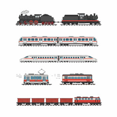Various types of trains illustrated, showcasing different transportation methods.