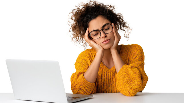 Stressed woman looking at laptop, hands on face, in a cozy yellow sweater with frustration and fatigue expression.