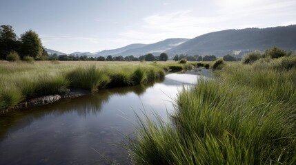 Fototapeta premium Scenic River Landscape, Green Meadow, and Mountain Vista. Tranquil natural landscape with a river flowing through a meadow and forested hills in the background.