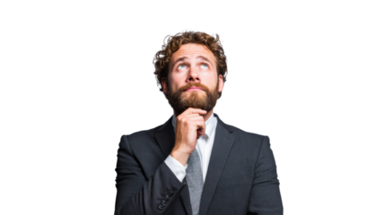 Thoughtful businessman pondering ideas, isolated on white background.