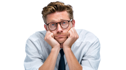 Thoughtful man with glasses resting his chin on hands, white isolated background.