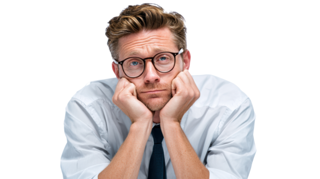 Thoughtful man with glasses resting his chin on hands, white isolated background.