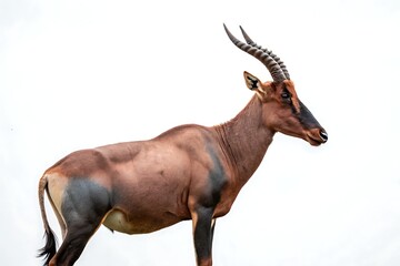 Magnificent topi antelope with prominent horns standing in the savanna