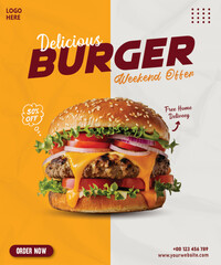 Delicious Cheeseburger Promotion Poster with Discount and Free Home Delivery. Weekend Burger Offer Flyer.