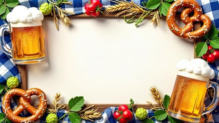 Oktoberfest background with a blank space for text. Features pretzels, a beer mug, hops, on a blue checkered tablecloth, copy