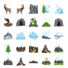 A collection of flat-style mountain range, wildlife, and weather icons.