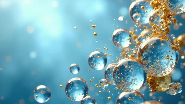 Bubbles of air or oxygen in water or gel. Can also represent a molecule or oil particle in a transparent liquid. Round and blue floating bubbles similar to hyaluronic acid. Shallow depth of field.