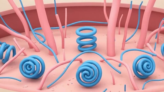 Pinktan surface w pink rods  blue spirals rings  threads