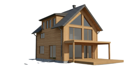 Wooden house with a porch and large windows.