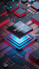 Futuristic Quantum Core Processor glowing with blue and red light quantum computer
