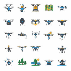 Collection of drone icons, including aerial photography, delivery, agriculture, and mapping applications.
