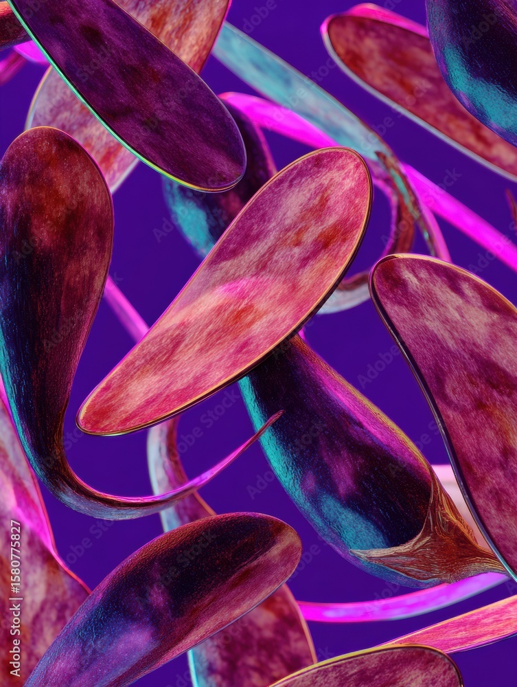 Poster vibrant composition of eggplants with neon shadows creates an abstract zigzag pattern in a clean mod