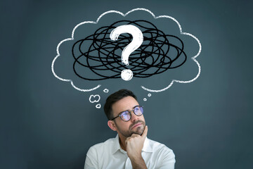 Man with glasses thinking with tangled thought bubble and question mark contemplation