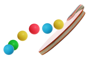 Ping pong racket with colorful balls flying isolated on white background, sport