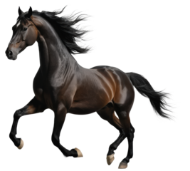 majestic black horse with flowing mane gallops energetically on transparent background, showcasing its muscular build and dynamic motion.