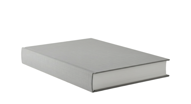 A light gray book lies on a black background.