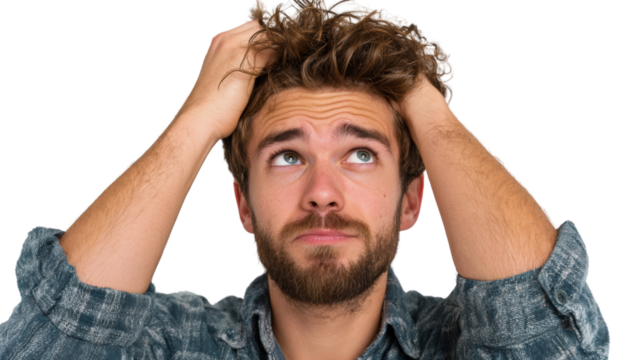 Young man expressing frustration with messy hair, hands on head, thoughtful gaze, isolated white background.