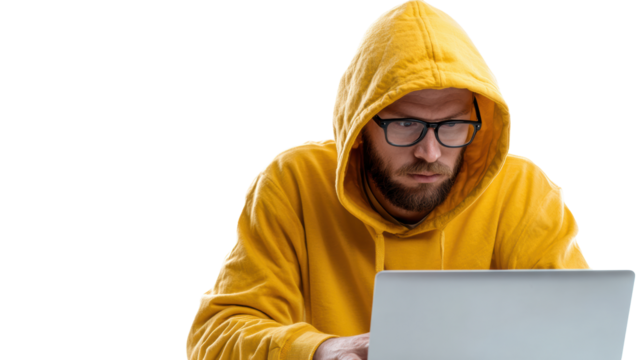 Young man in a yellow hoodie focused on laptop, working or studying on a white isolate background.