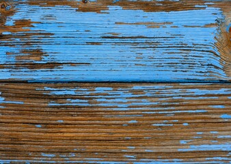 Old rustic wooden painted door with blue colors background